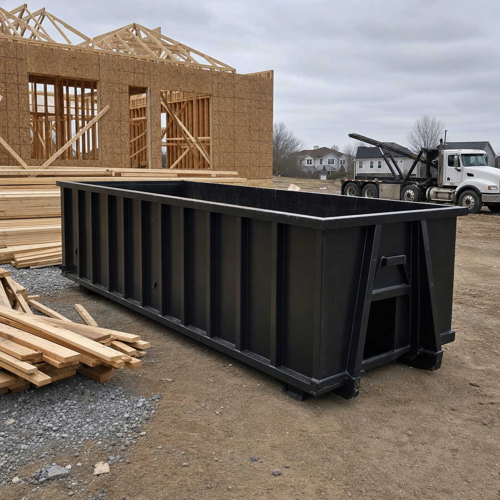Matte-black 40-yard roll-off dumpster staged on a framed-out residential construction site in Taylorsville, framing lumber stacked nearby, hooklift delivery truck visible in the background under bright Colorado daylight