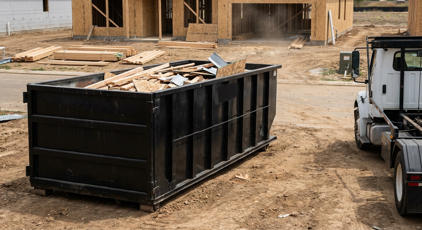 Matte-black 20-yard roll-off construction dumpster with heavy ribbed steel sidewalls and swing rear doors at a working jobsite in Taylorsville, sitting directly on compacted dirt with an unmarked white hauler partially visible at the far edge of the frame.
