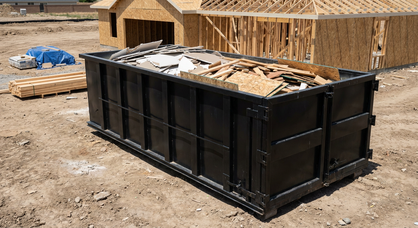 Matte-black 30-yard roll-off construction dumpster sitting directly on the compacted-dirt site of a framed single-family home build in Taylorsville, drywall and lumber scrap loaded inside.