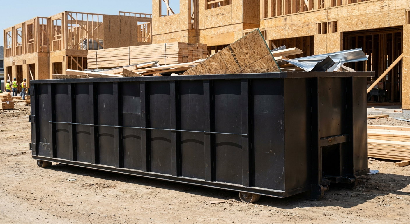Matte-black 40-yard roll-off construction dumpster being lowered from a white-cab hooklift delivery truck onto the compacted-dirt jobsite at a commercial build site in Taylorsville