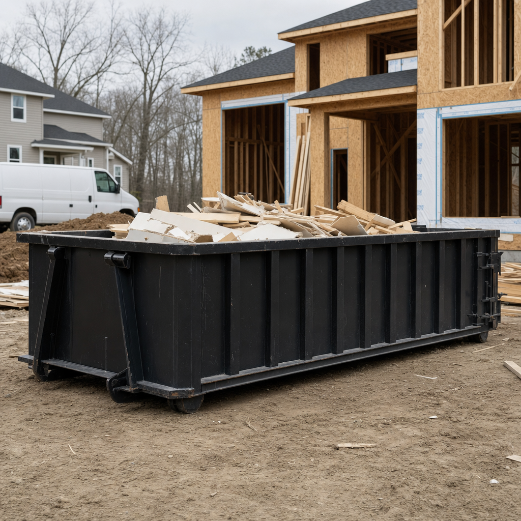 Worker in a yellow high-visibility vest tossing framing lumber and broken drywall into a matte-black 30-yard construction roll-off dumpster on an active build site in Taylorsville, bright daylight