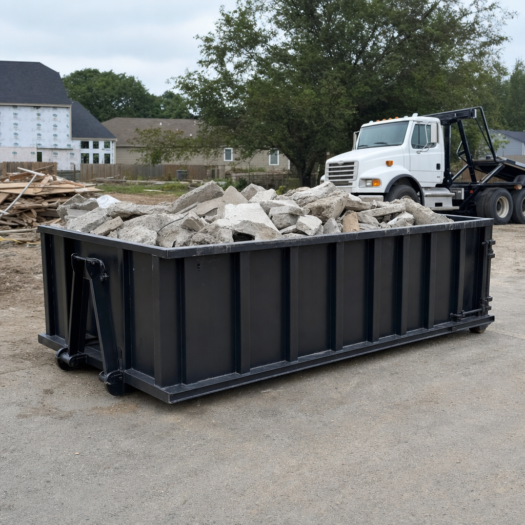 Low-profile matte-black lowboy roll-off dumpster loaded with broken concrete slab and rebar at a foundation tear-out in Taylorsville, skid steer parked beside it, sunny Colorado morning