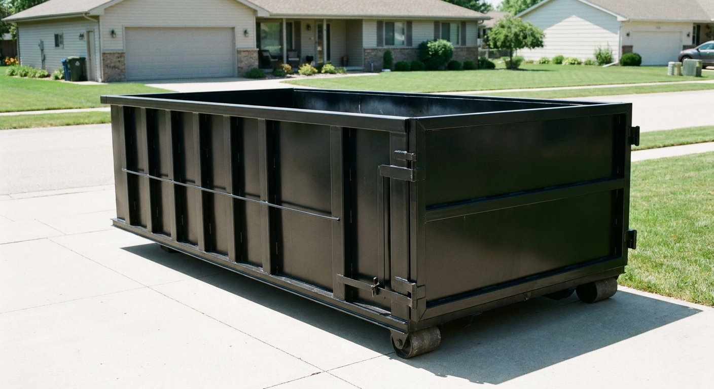 Matte-black 10-yard roll-off dumpster on a residential concrete driveway in Taylorsville, uniformly painted matte black across every panel and rail, ribbed steel sidewalls and rear swing door visible, mid-day daylight.