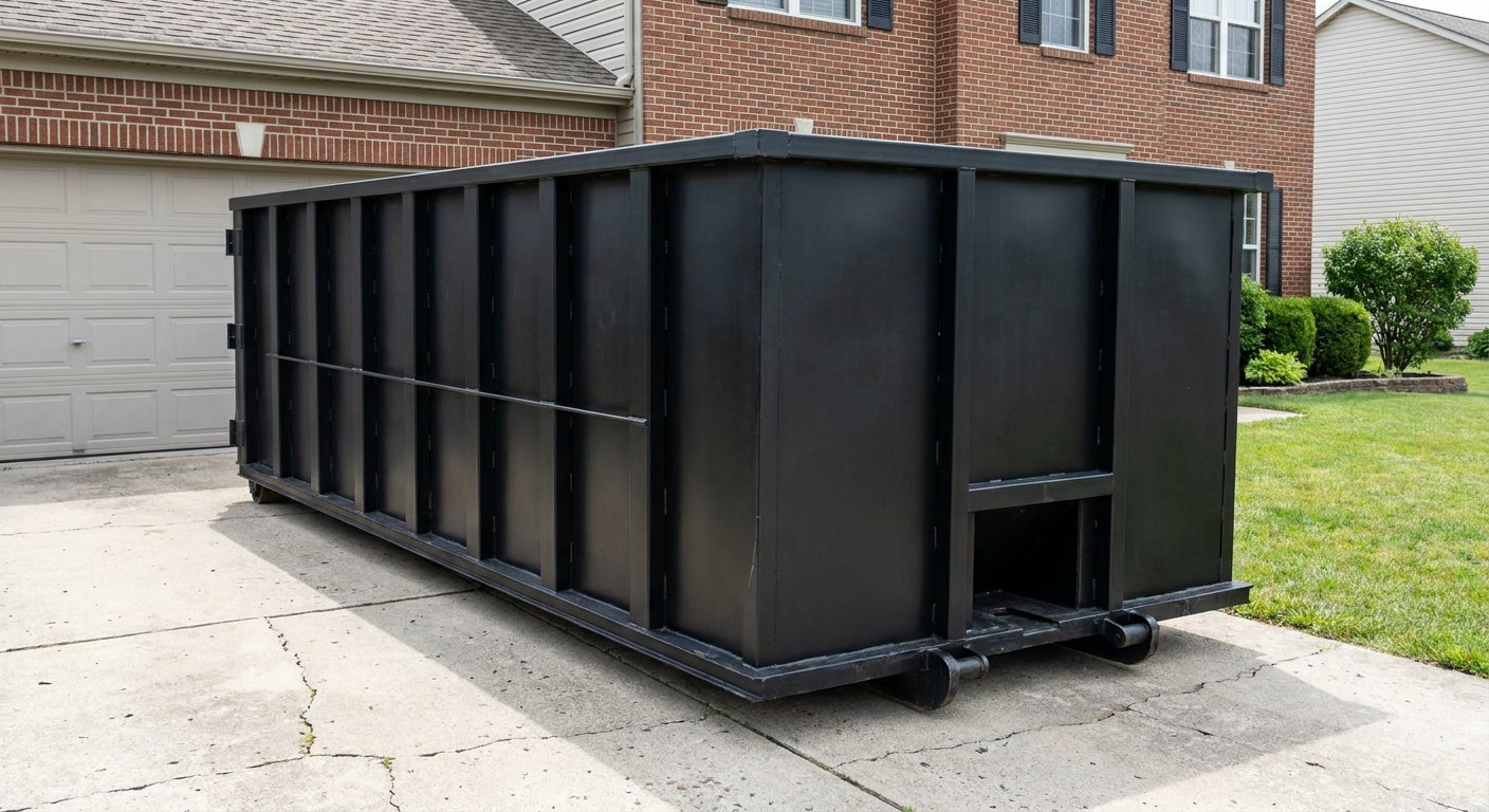 Matte-black 20-yard roll-off container on a Taylorsville residential concrete driveway with reinforced ribbed steel sidewalls and a hinged rear walk-in door, clean bright daylight.
