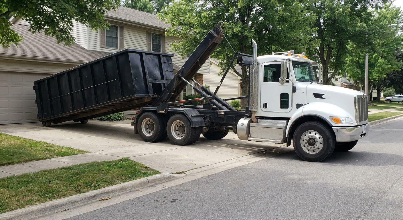 White-cab hooklift roll-off truck actively lowering a matte-black dumpster onto a Taylorsville residential concrete driveway, the dumpster's rear wheels touching the driveway as the hoist arm tilts the bed forward, mid-morning daylight.