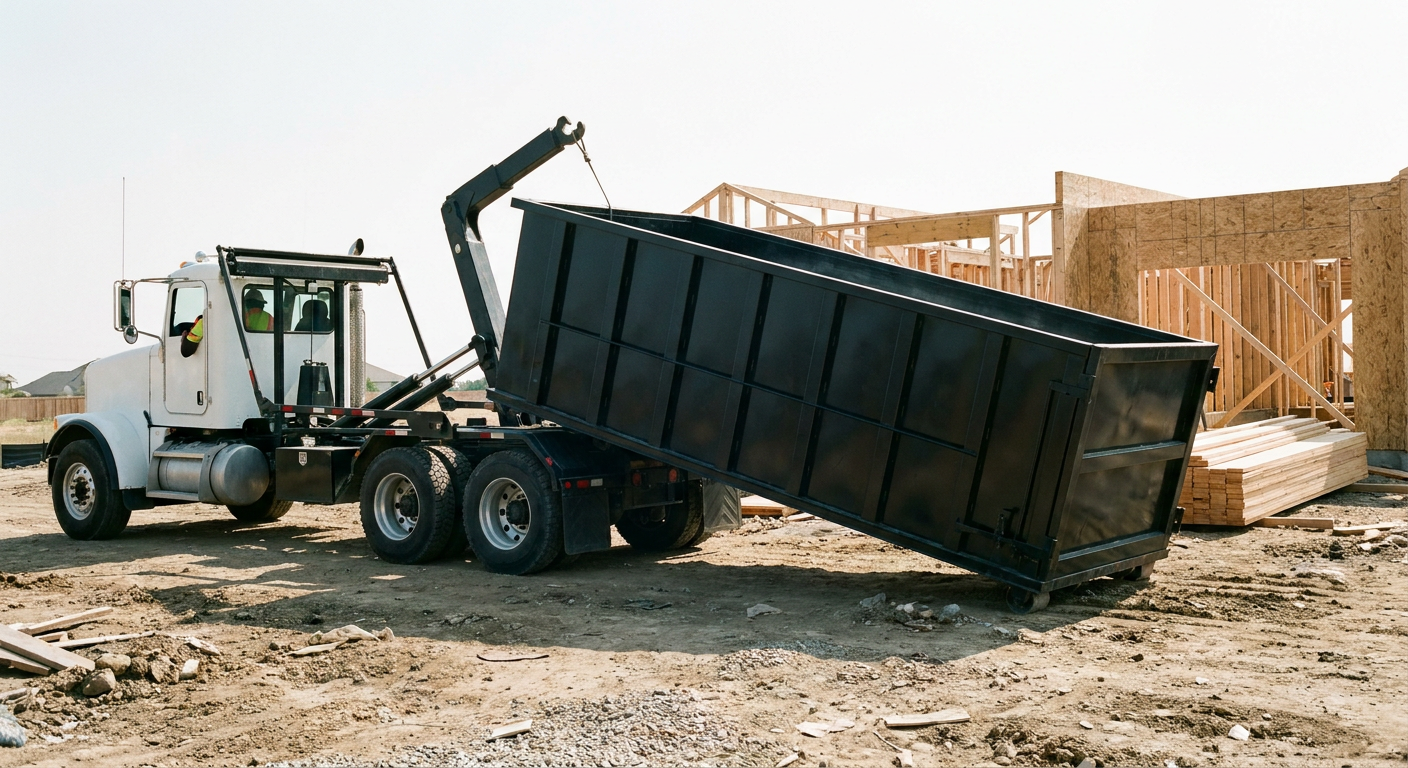Matte-black roll-off dumpster being delivered onto a clean residential concrete driveway in Taylorsville by an unmarked white hooklift hauler truck, bright morning daylight, documentary 35mm perspective.