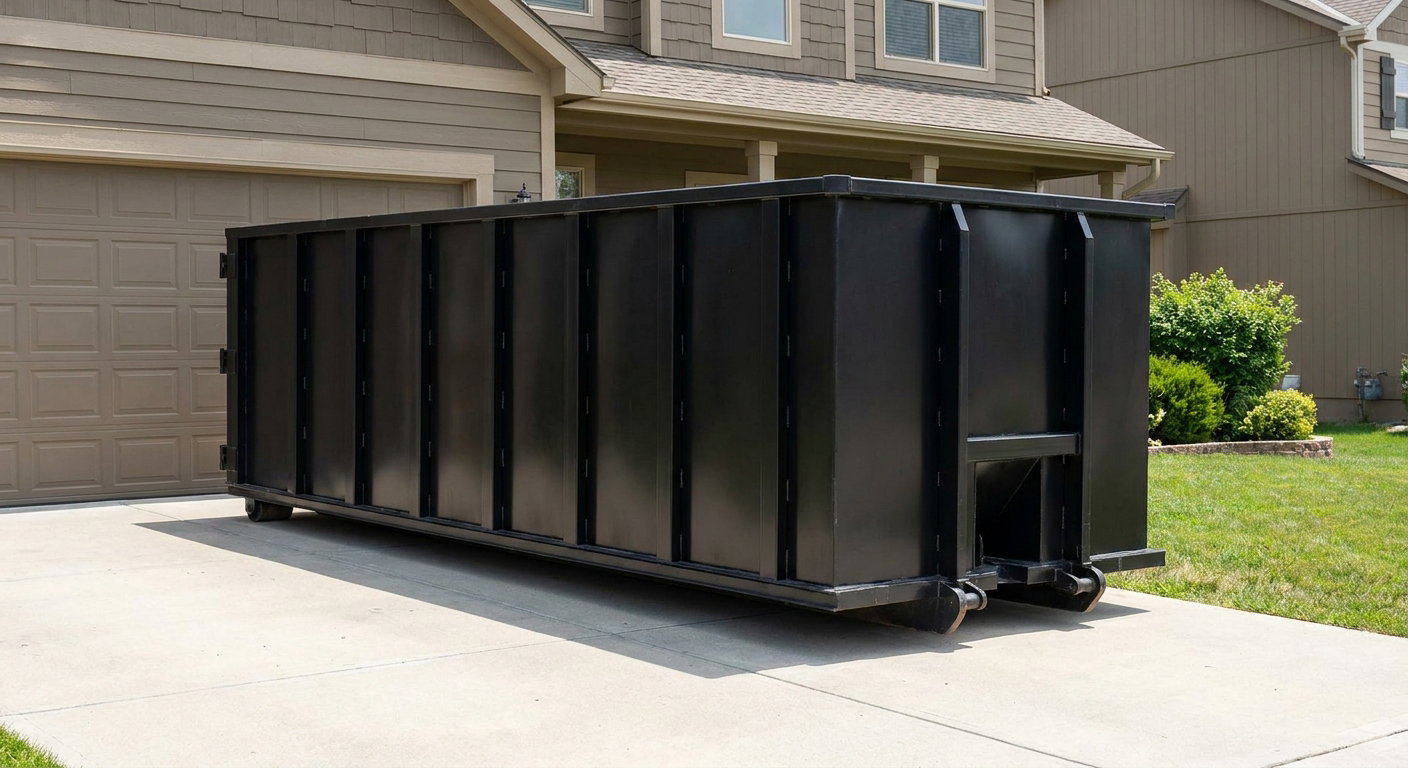 Matte-black residential roll-off dumpster sitting directly on a suburban Taylorsville concrete driveway, garage door closed, single-family home in background, bright morning daylight.