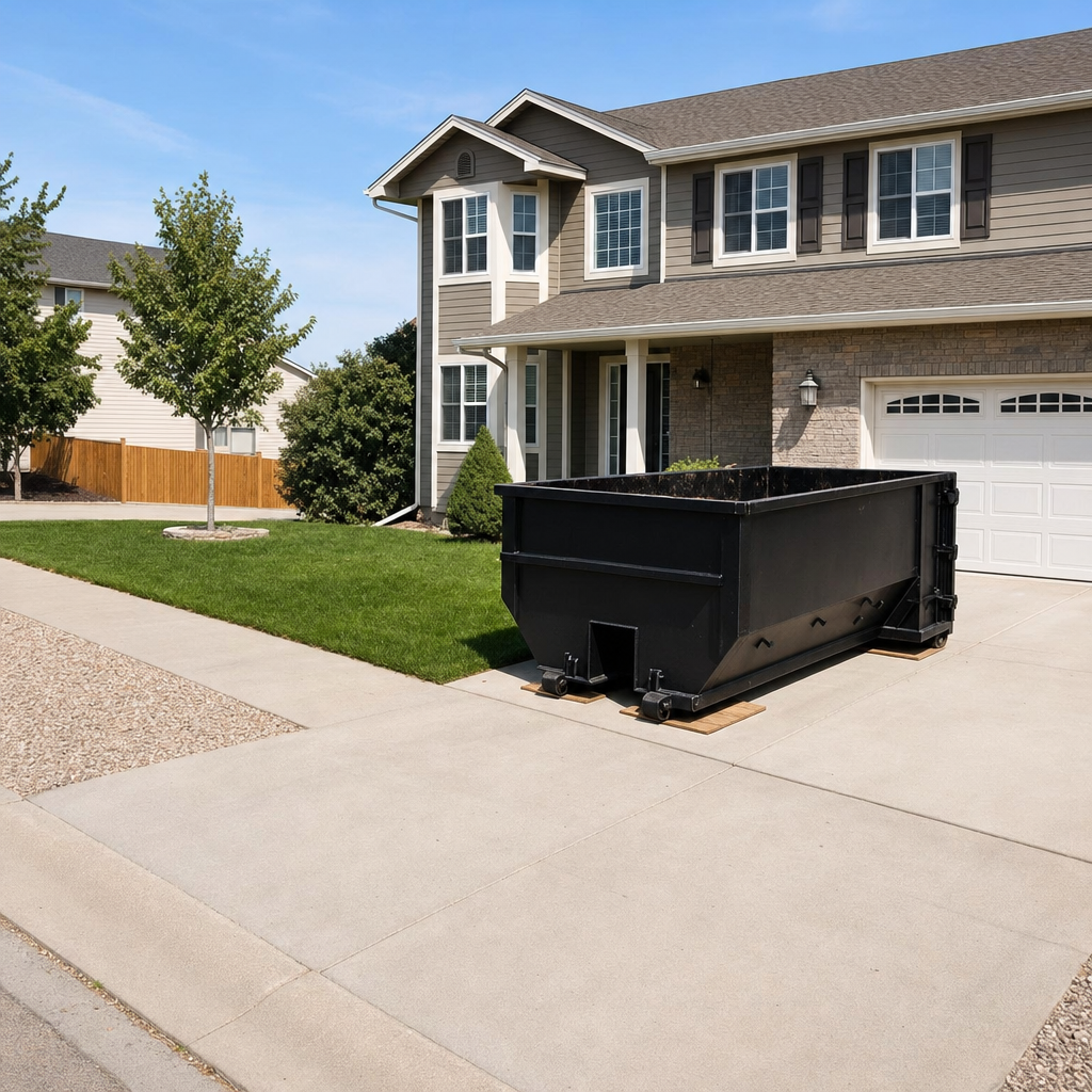 10-yard matte-black residential dumpster placed directly on a narrow Taylorsville concrete driveway, room remains for a parked sedan beside it, mid-morning natural light