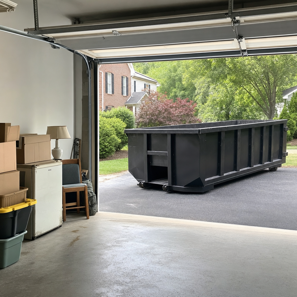 Open garage interior in a Taylorsville home mid-cleanout — boxed items, an old appliance, and stacked yard tools queued near the driveway for a matte-black roll-off dumpster, organized and calm