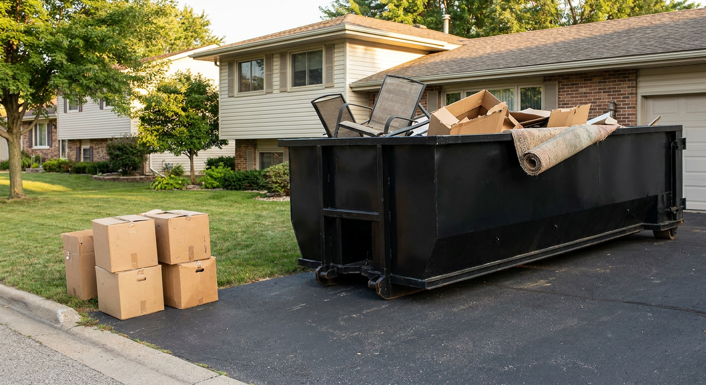 Front-yard view of a Taylorsville split-level home with a 20-yard matte-black roll-off dumpster sitting directly on the asphalt driveway, a few clearly labeled donation boxes staged at the curb, calm sunny afternoon.