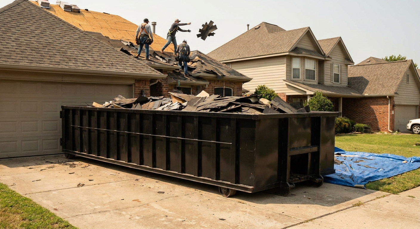 Matte-black roofing roll-off dumpster placed directly on a Taylorsville residential concrete driveway, a tear-off crew on a two-story asphalt-shingle roof tossing shingle bundles into the low-walled container, bright daylight, documentary 35mm perspective.