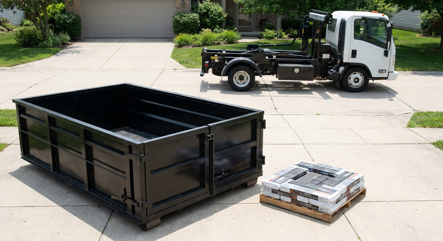 Matte-black 15-yard roofing roll-off dumpster with reinforced low side walls sitting directly on a Taylorsville residential concrete driveway, three-tab asphalt shingle bundles stacked nearby, an unmarked white hauler truck partially visible at the edge of the frame.