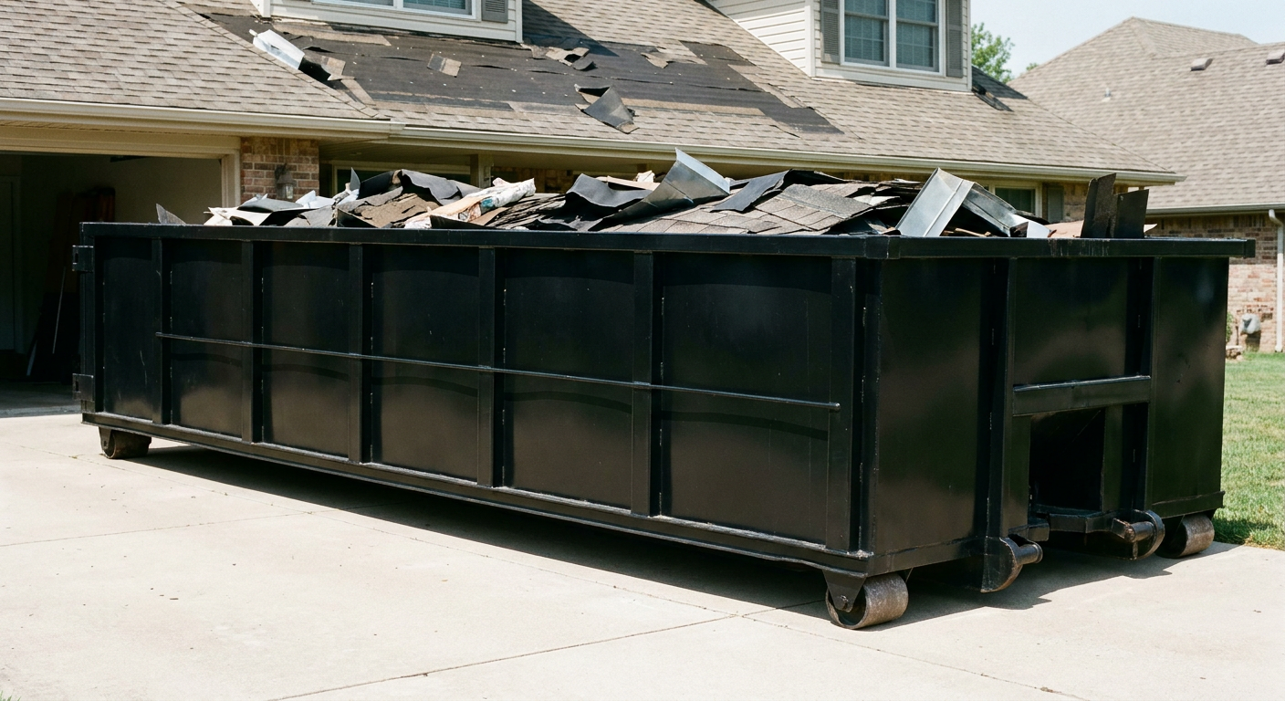 Matte-black 20-yard roofing roll-off dumpster with steel ribbed sides and swinging rear door, sitting directly on the concrete driveway of a two-story Taylorsville home, asphalt shingle debris being loaded over the low wall, clean documentary lighting.