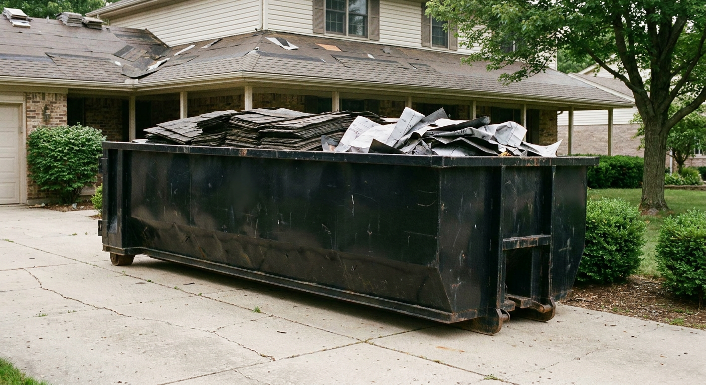 Matte-black 30-yard roofing roll-off dumpster sitting directly on a Taylorsville concrete driveway, taller ribbed steel side panels, mixed tear-off debris of asphalt shingles and underlayment inside, professional documentary daylight.