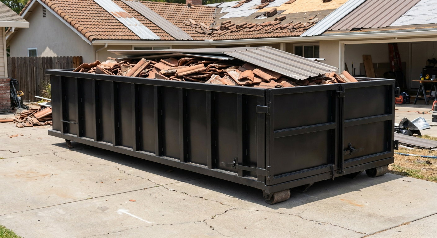 Matte-black low-wall heavy-debris roofing roll-off dumpster sitting directly on a Taylorsville concrete driveway, broken concrete clay roof tiles and metal panel sections loaded inside, reinforced ribbed steel side walls visible, bright outdoor daylight.