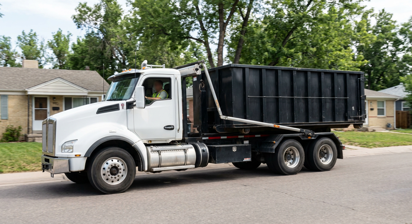 A wide documentary shot of a matte-black roll-off delivery truck pulling onto a quiet Taylorsville residential street at mid-morning, with neighborhood rooftops and tree-lined blocks visible behind, showing the metro coverage footprint.