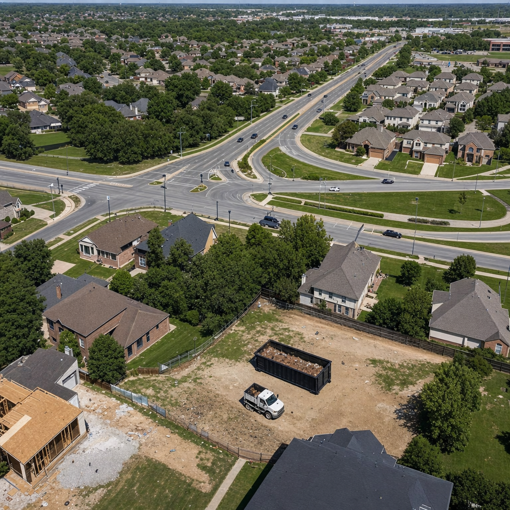 An overhead documentary view of the Taylorsville metro area at midday, showing the spread of neighborhoods, arterial roads, and the dispatch radius from a central yard — clean daylight, organized geographic layout.