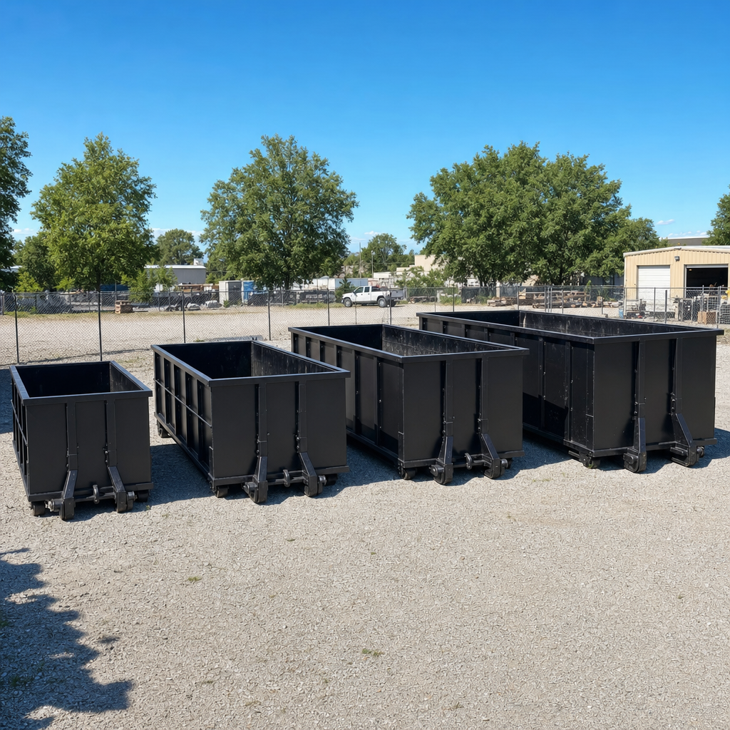 A clean lineup of matte-black roll-off dumpsters in 10, 20, 30, and 40-yard sizes staged on a sunlit gravel yard in Taylorsville, showing the size progression from compact to commercial-scale containers.