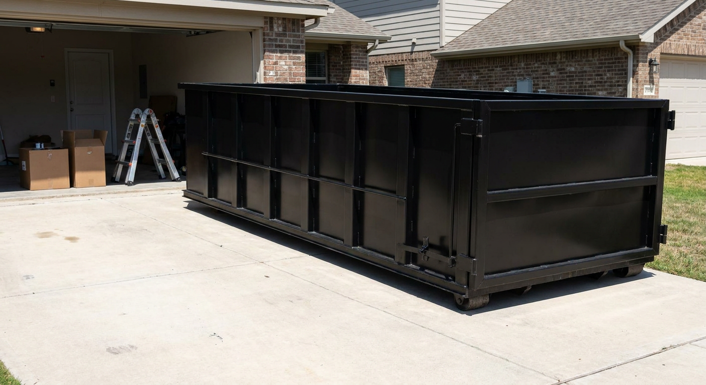A matte-black 10-yard roll-off dumpster sitting directly on a residential Taylorsville concrete driveway, mid-day sunlight, clean and ready for a garage cleanout.