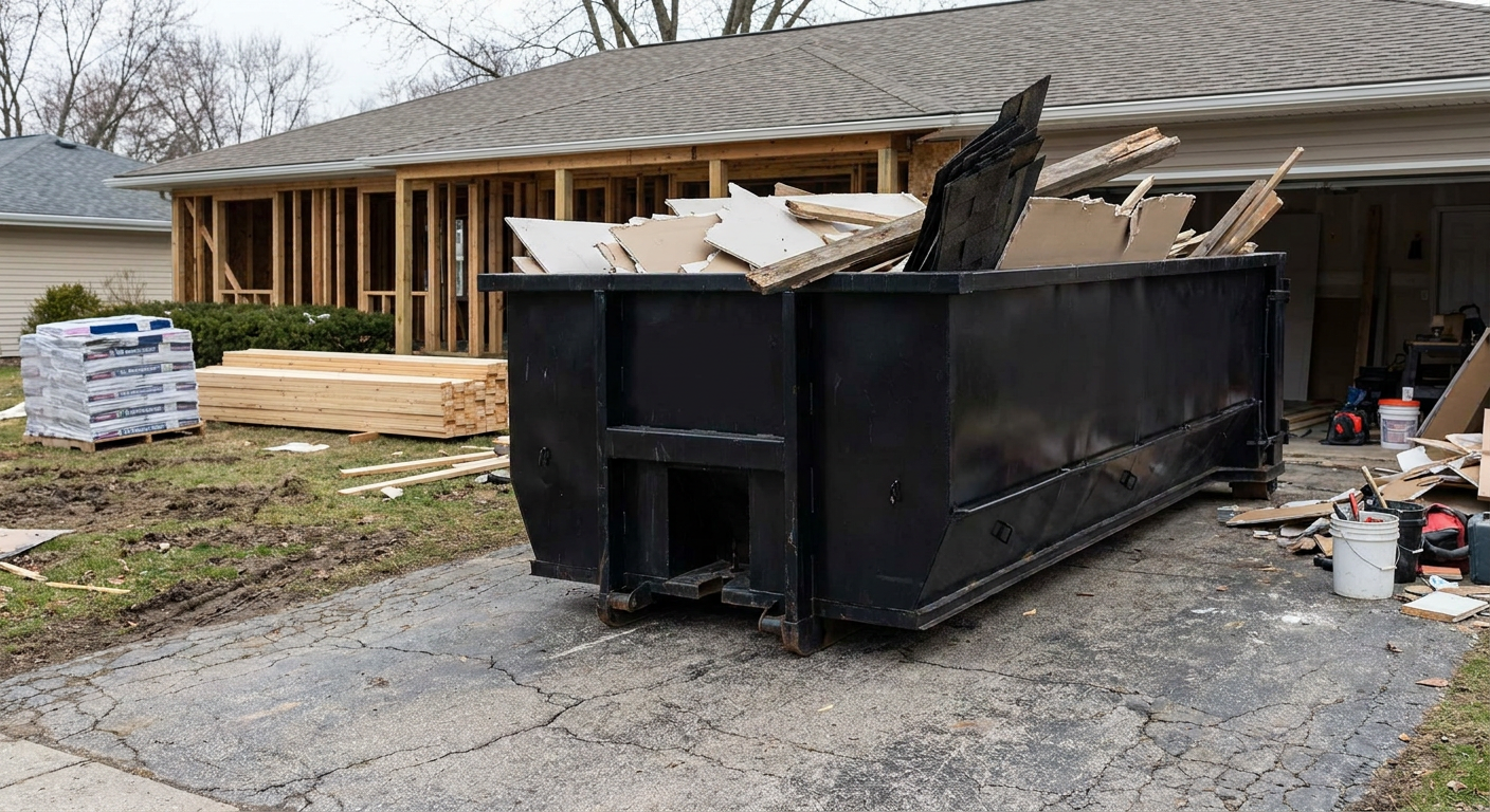 A matte-black 20-yard roll-off dumpster placed alongside a mid-renovation Taylorsville home directly on the asphalt driveway, with framing materials and torn-off shingles staged neatly nearby.