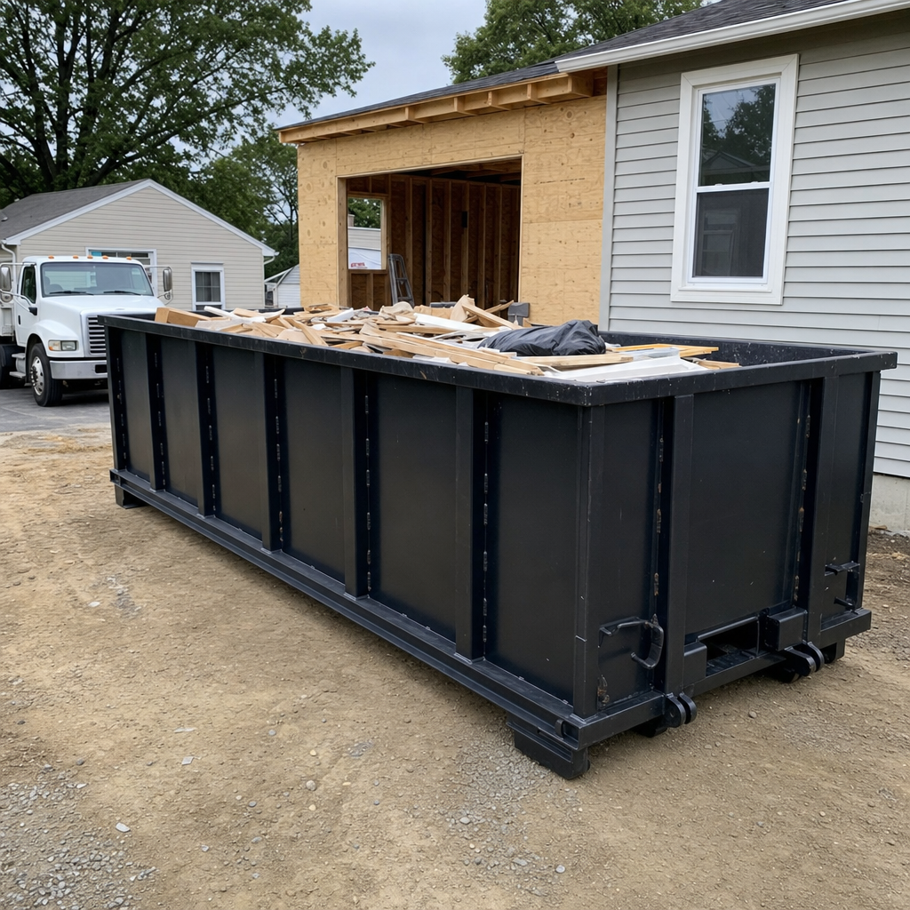 A matte-black 30-yard roll-off dumpster positioned at a Taylorsville residential addition jobsite, with framing lumber and drywall scraps loaded through the open swinging rear doors.