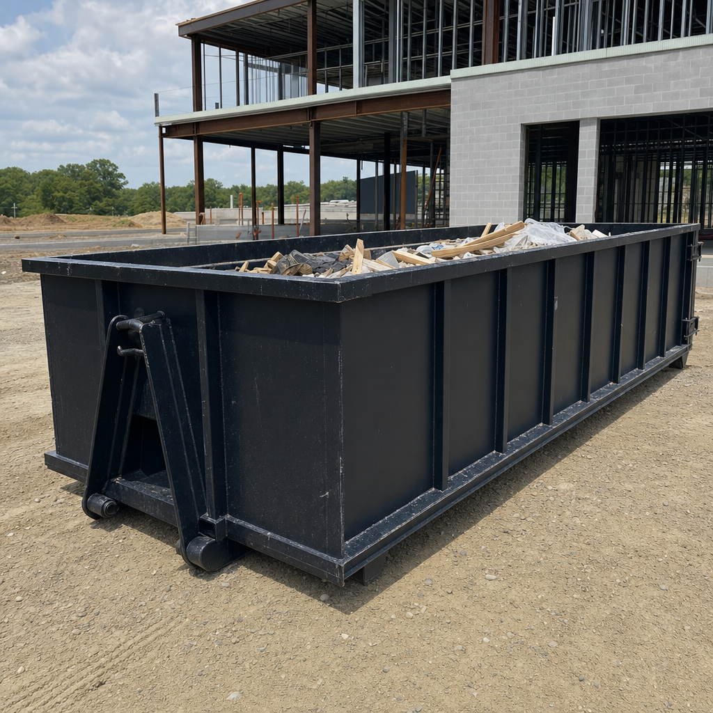 A matte-black 40-yard roll-off dumpster staged on a large Taylorsville commercial construction lot, with a hooklift delivery truck parked alongside under bright midday sky.