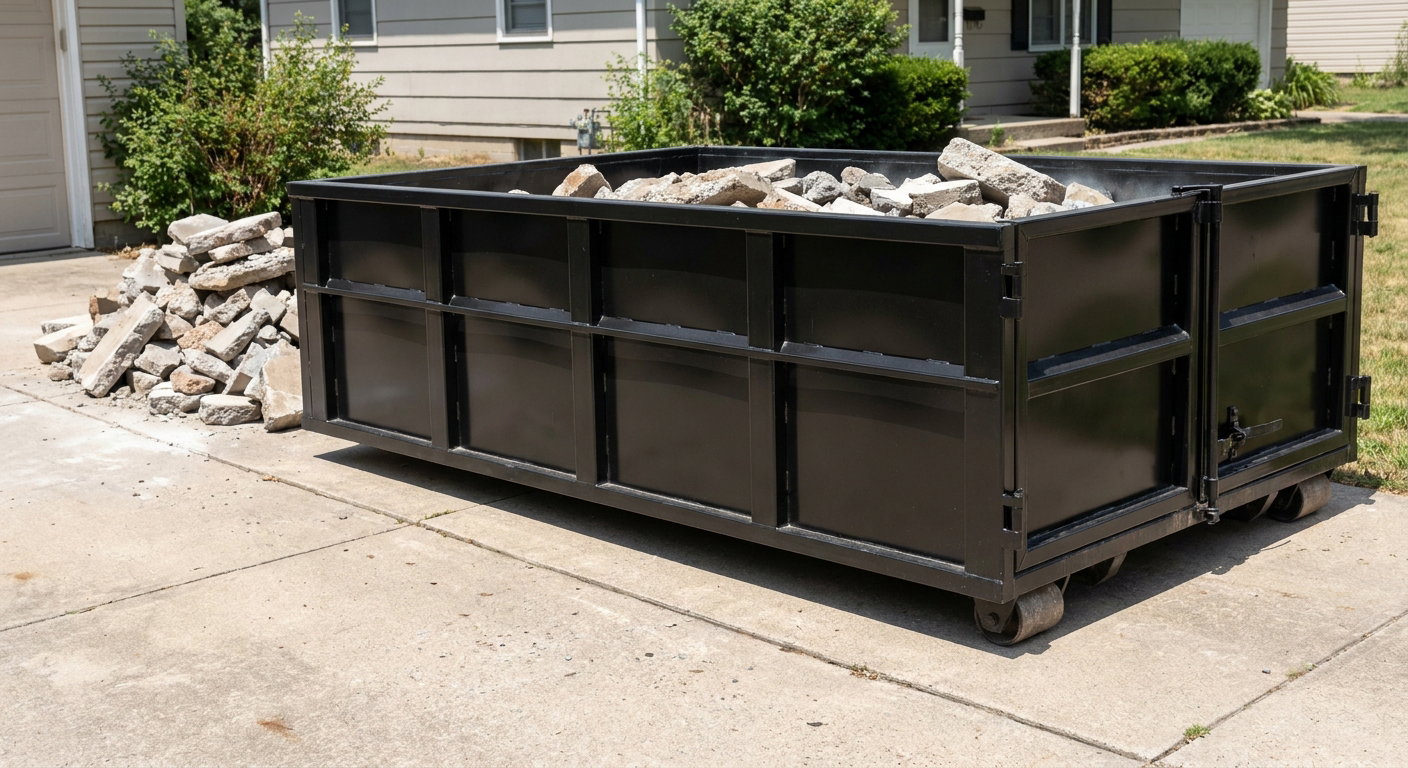 A matte-black low-side heavy-debris roll-off dumpster placed directly on a Taylorsville concrete driveway, with broken concrete chunks neatly stacked beside it under clean daylight.